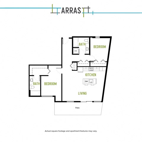 Floor plan for 2 beds, 2 baths, 1030 sqft